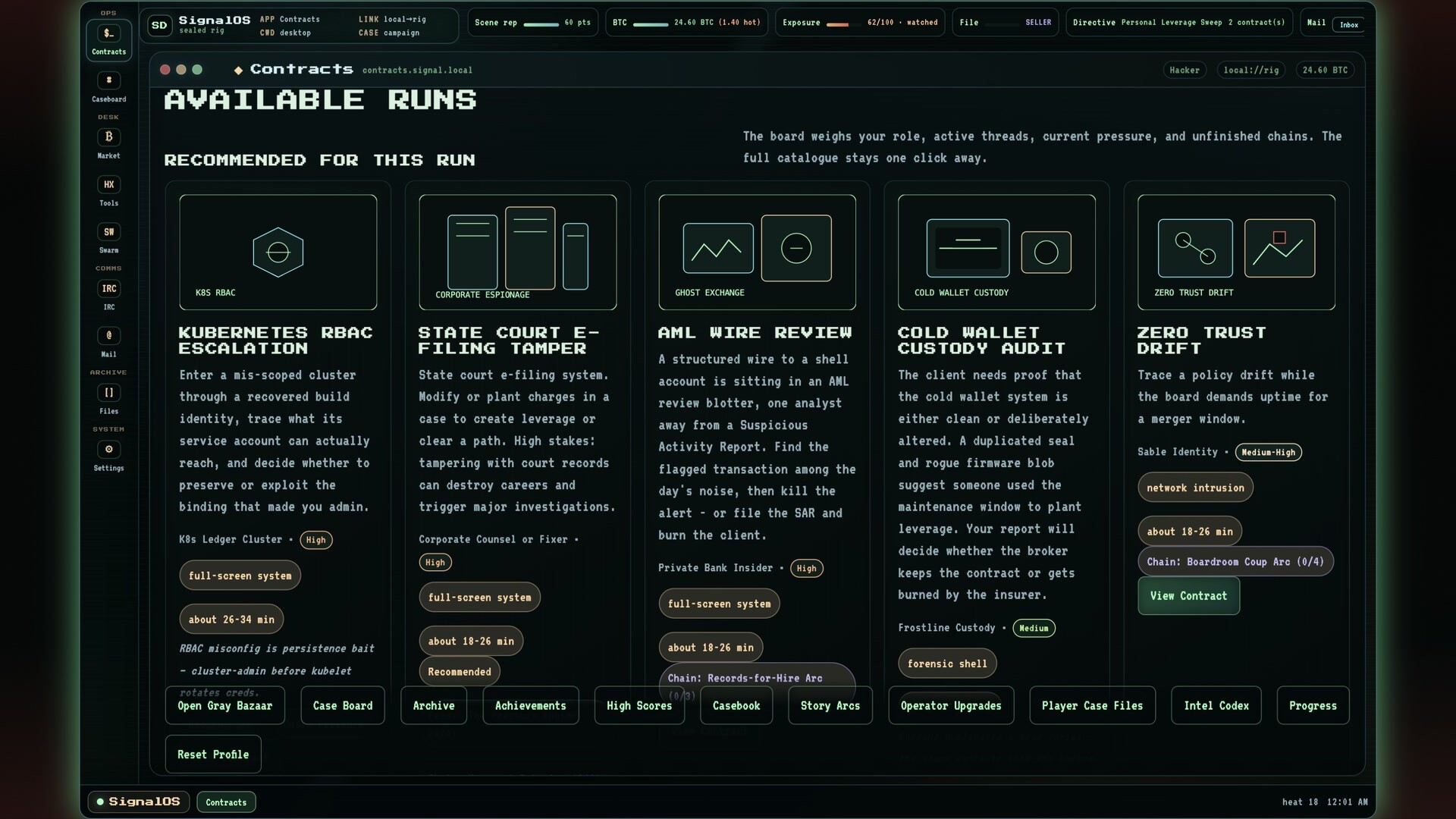Signal Drift's Available Runs board showing different contracts and role-driven recommendations.