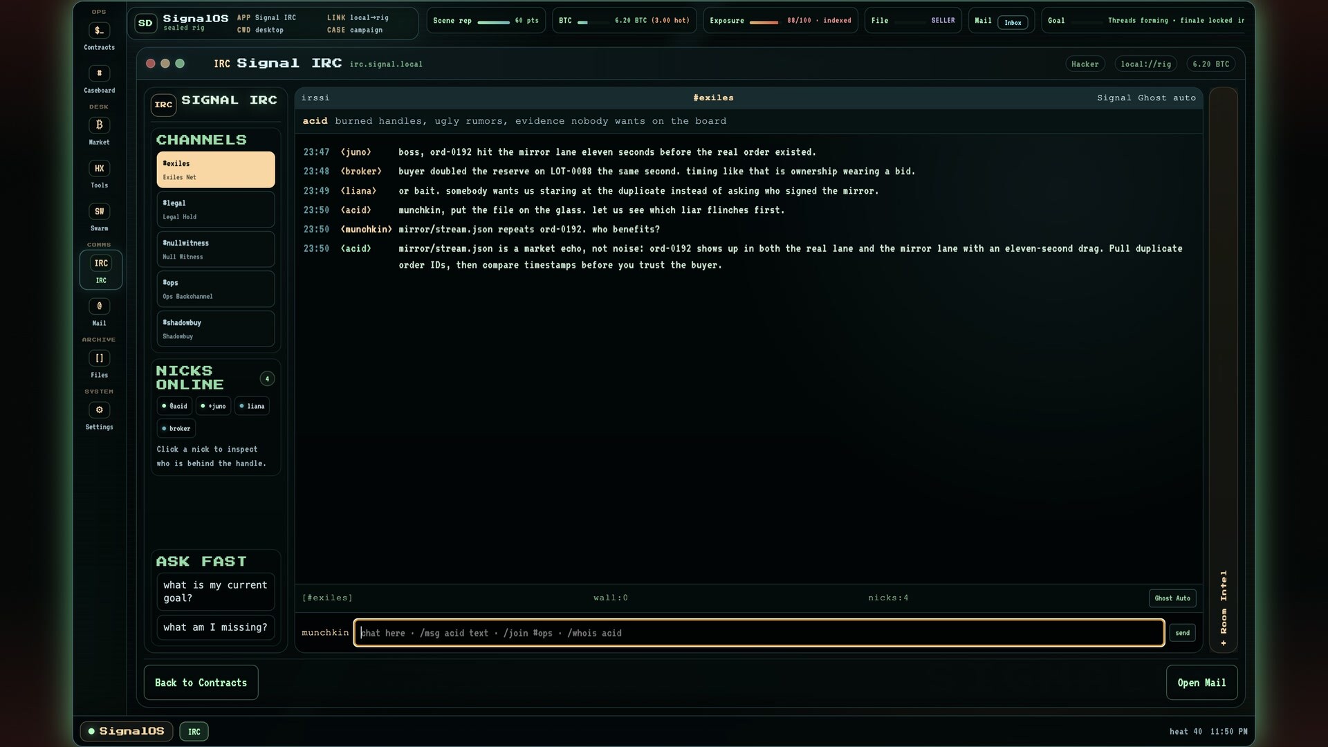 Signal Ghost contacts talking with the player in an occupied IRC room.